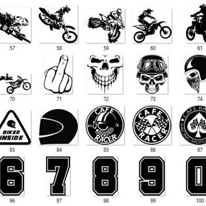 May include: A set of 100 black and white motocross themed stickers. The stickers feature various designs including motorcycles, riders, skulls, wings, and numbers.