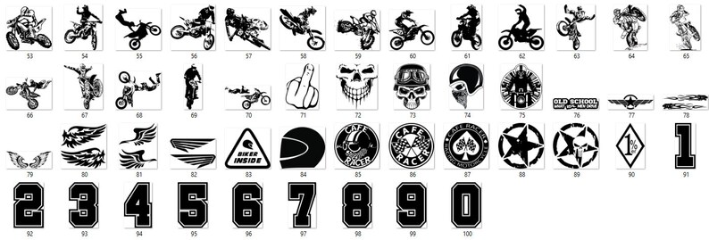 May include: A set of 100 black and white motocross themed stickers. The stickers feature various designs including motorcycles, riders, skulls, wings, and numbers.