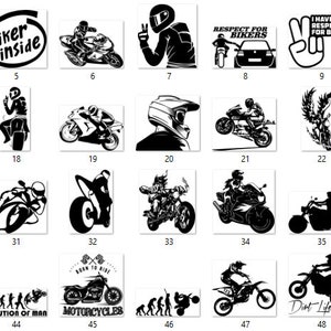 May include: A collection of 52 black and white motorcycle themed stickers. The stickers feature various designs, including motorcycles, riders, and text. Some of the text includes "Respect for Bikers", "Born to Ride", "Girl Biker", and "Biker Inside".