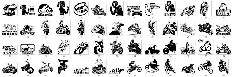 May include: A collection of 52 black and white motorcycle themed stickers. The stickers feature various designs, including motorcycles, riders, and text. Some of the text includes "Respect for Bikers", "Born to Ride", "Girl Biker", and "Biker Inside".