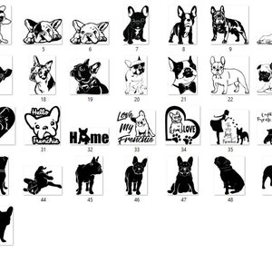 Puede incluir: Una colecci&oacute;n de 56 ilustraciones vectoriales en blanco y negro de Bulldogs franceses en varias poses. Algunas im&aacute;genes incluyen texto como "Home", "Love My Frenchie" y "Just My Frenchie".