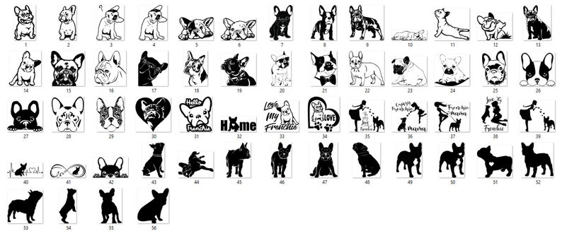 Puede incluir: Una colecci&oacute;n de 56 ilustraciones vectoriales en blanco y negro de Bulldogs franceses en varias poses. Algunas im&aacute;genes incluyen texto como "Home", "Love My Frenchie" y "Just My Frenchie".