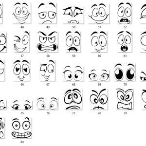 Puede incluir: Un conjunto de 84 ojos y bocas de dibujos animados en blanco y negro, cada uno con una expresi&oacute;n diferente. Los ojos y las bocas est&aacute;n dispuestos en una cuadr&iacute;cula.