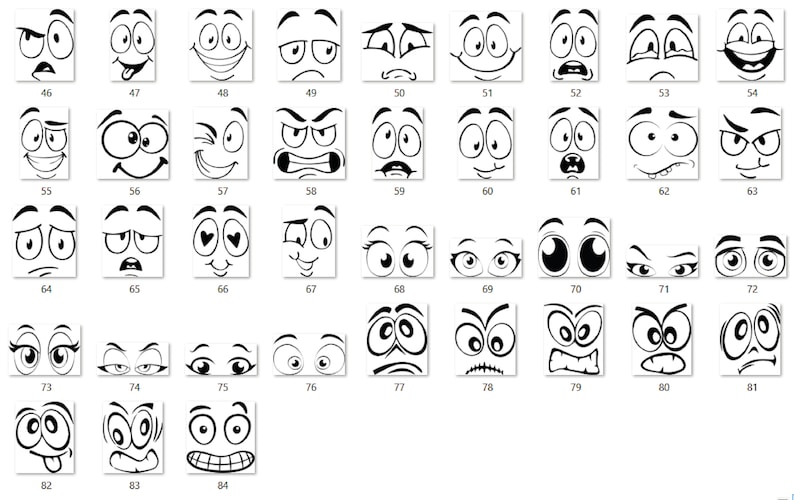Puede incluir: Un conjunto de 84 ojos y bocas de dibujos animados en blanco y negro, cada uno con una expresi&oacute;n diferente. Los ojos y las bocas est&aacute;n dispuestos en una cuadr&iacute;cula.