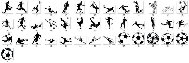 Op de afbeelding: Een set van 92 zwart-wit silhouetbeelden van voetballers en voetballen. De afbeeldingen zijn in verschillende poses en posities, waaronder trappen, rennen, springen en duiken. De afbeeldingen zijn perfect voor gebruik in sportgerelateerde projecten, zoals websites, brochures en sociale media.