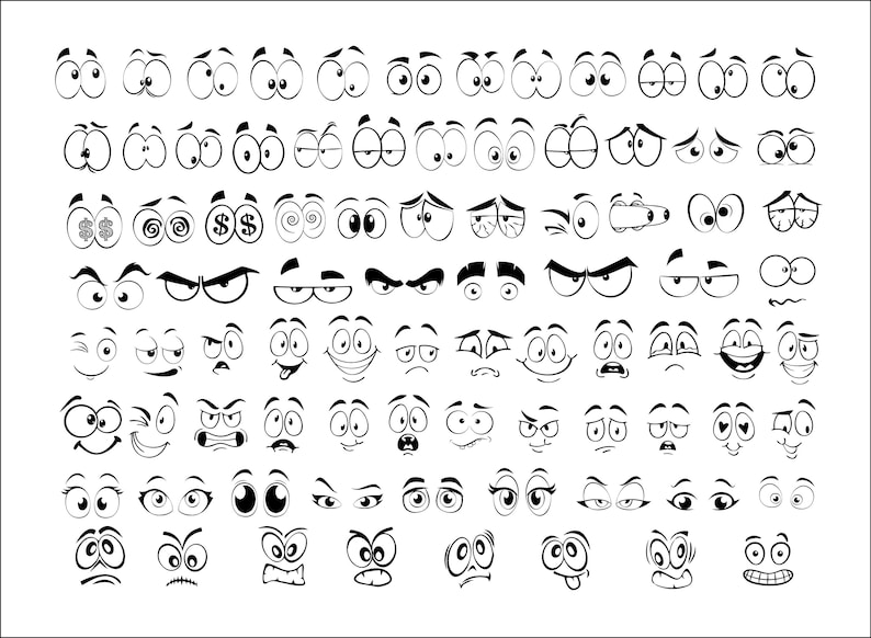 Cara de dibujos animados SVG, Cartoon Eyes SVG, paquete svg, ojos Googly, línea de salida, archivo de corte, sonrisa svg, sello digital, plantilla, Cricut, silueta, cómic imagen 1