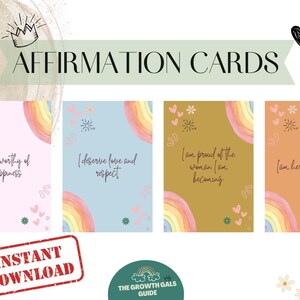 Tarjetas de afirmación empoderantes para mujeres / Citas positivas diarias para el amor propio / Crecimiento de la confianza y la mentalidad / PDF / Descarga digital.