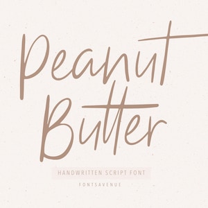 Peut inclure: Police d'écriture manuscrite nommée "Peanut Butter" en brun sur un fond blanc avec des mouchetures brunes.