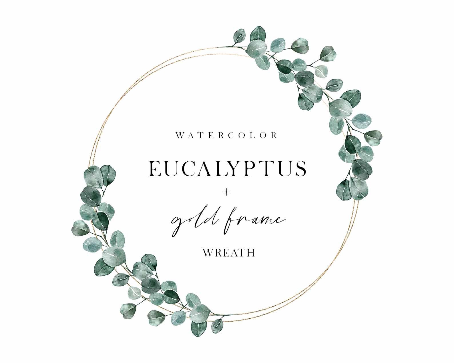 Watercolor Floral Wreath - Gold Frame - Botanical Clipart - Eucalyptus ...