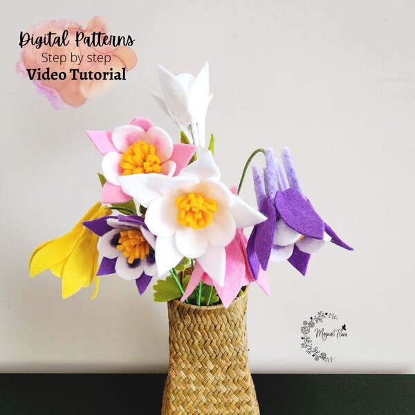 Felt Columbine flower tutorial. Digital pattern for download and step by step video tutorial