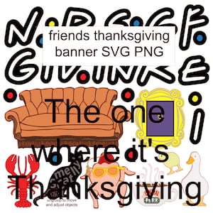 Op de afbeelding: Een digitale afbeelding met de tekst "friends thanksgiving banner SVG PNG". De afbeelding toont een bruine bank, een gele fotolijst, een kalkoen met zonnebril, een kreeft, een kat, een eend en een koffiekopje.
