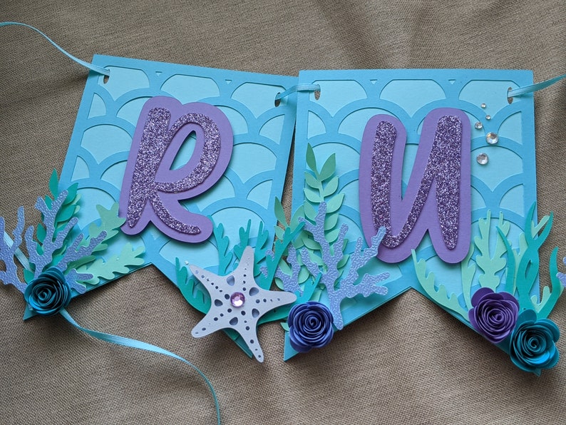 Mermaid Happy Birthday Banner – Purple Under The Sea Party Decor, Tear-Resistant Pennant Banner - View #3