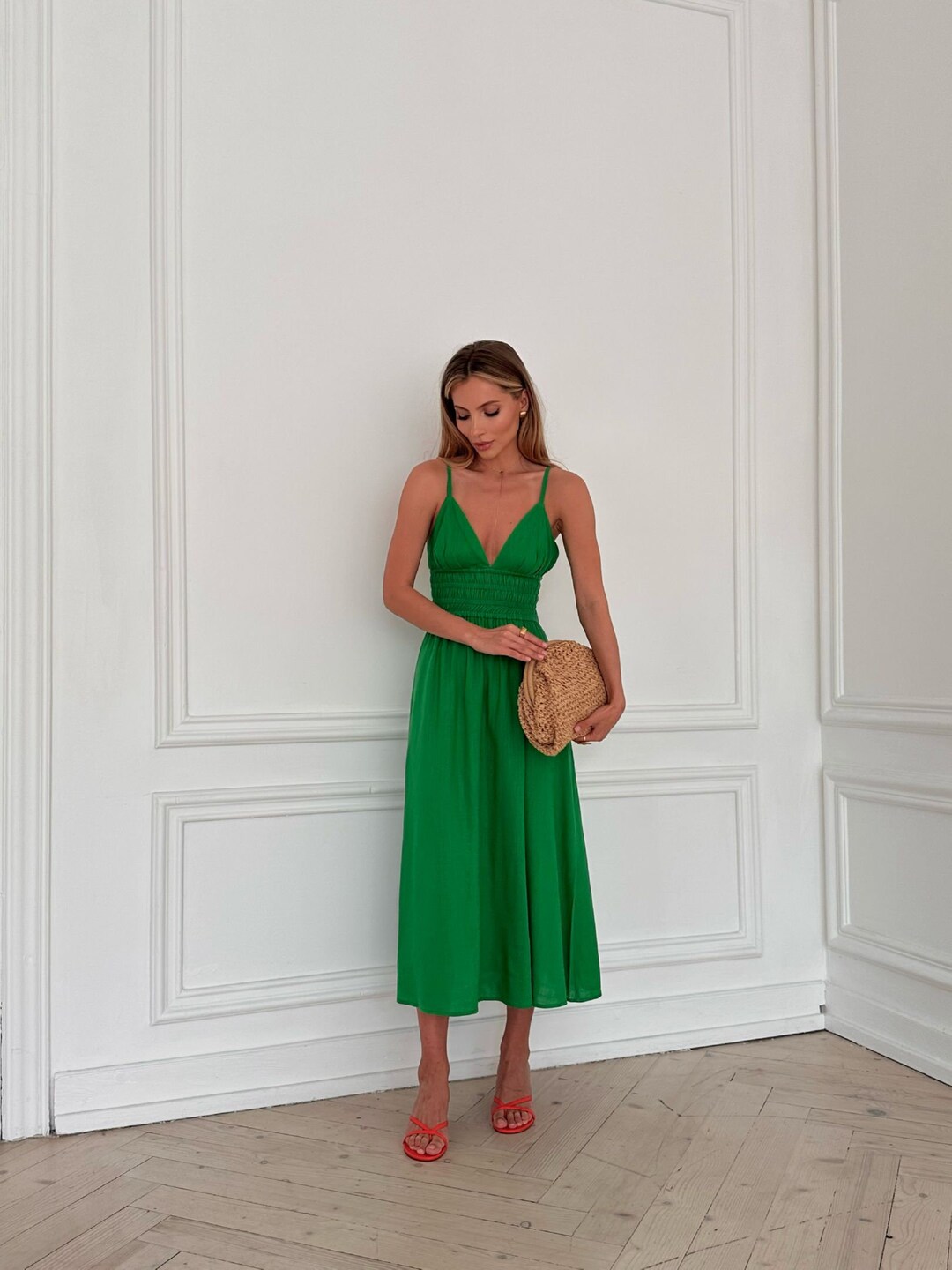 Green Linen Midi Dress Modest Dress Without Sleeves Flax Etsy
