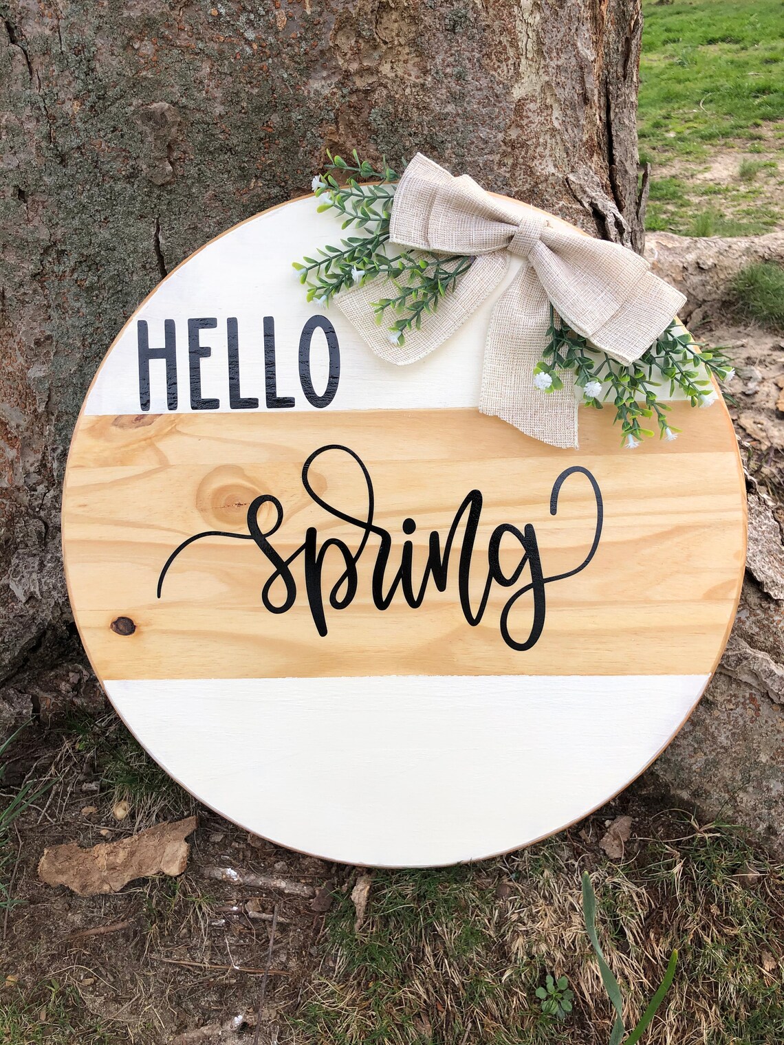 Hello Spring Round Wooden Door Hanger Etsy
