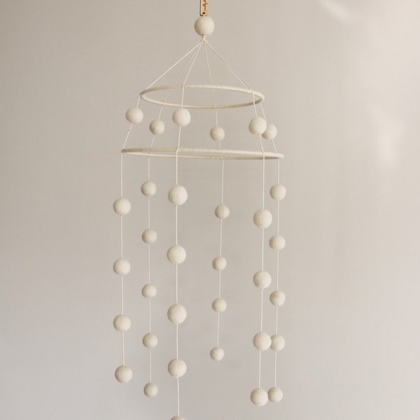 Little Dreamer Custom Felt Wool Ball Mobile - Tiered Double Hoop, Choose colour, made to order, modern, minimalist, simple, neutral