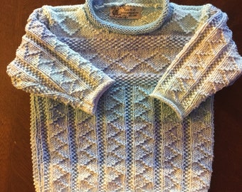 Beautiful handknit, one of a kind, intricate baby boy sweater in various shades of blue (ombre). Size 1-2 years.