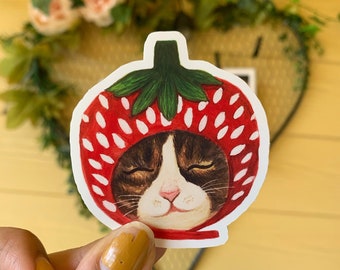 Strawberry Cottage Core Cat Sticker/ Kawaii cat/ Cute Bujo/ Stationary/laptop decal/ Planner
