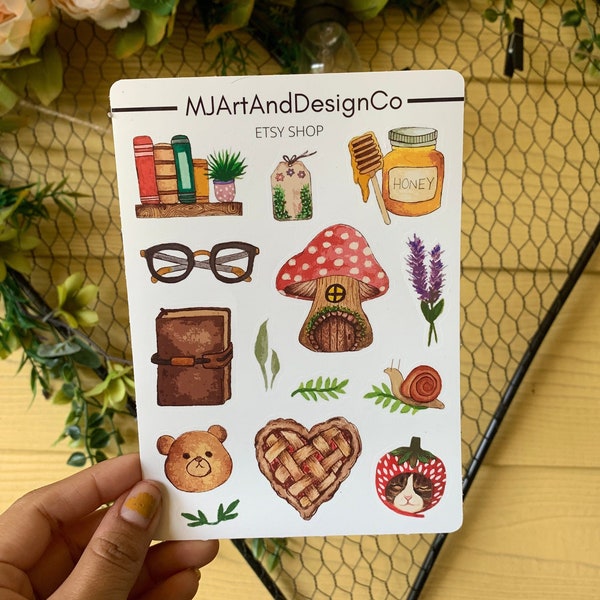 Cottage Core Sticker Sheet/ Mushroom house/Spring Picnic/ tea and honey/ cute food/ cozy books/Kawaii Garden/ bullet journal