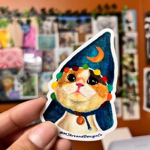 Magical Wizard Cat Sticker/ Funny Calico Meme Cat/ Laptop Decal, Planner Sticker image 1