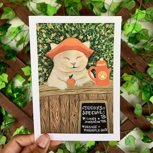 White Cat with Oranges Art Print/ Orange Juice and Tea shop/Mandarins Cottage Core wall decor/ Cute cat print