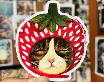 Strawberry Cottage Core Cat Sticker/ Brown Tabby Meme Cat/ Cute Bujo/ Laptop Decal, Planner Sticker/ Gift for Cat Lovers