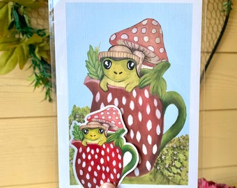 Cute Frog with Strawberry House Sticker and Print/ Cottage Core/ Kawaii Frog/ Mushroom/ Wall Hanging