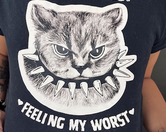 Camiseta "Dando lo mejor de mí, sintiéndome peor" / Gato punk enojado / Camisa de algodón negra