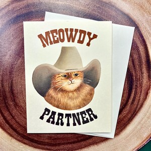 Tarjeta de felicitación de Meowdy Partner: Gato vaquero/Gato atigrado divertido/Tarjeta A2/Gato del oeste de Texas/Regalo para amantes de los gatos/Para él, para ella imagen 3