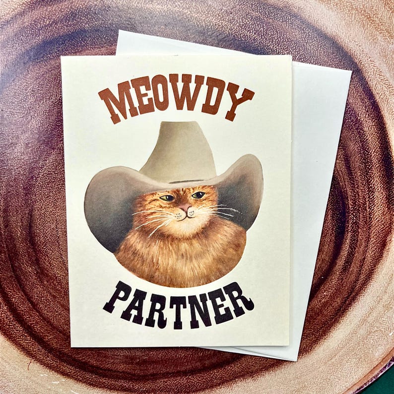 Tarjeta de felicitación de Meowdy Partner: Gato vaquero/Gato atigrado divertido/Tarjeta A2/Gato del oeste de Texas/Regalo para amantes de los gatos/Para él, para ella imagen 3