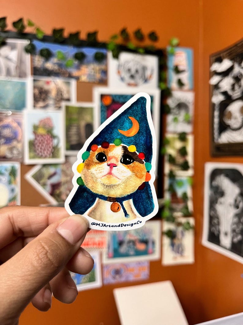 Magical Wizard Cat Sticker/ Funny Calico Meme Cat/ Laptop Decal, Planner Sticker image 2