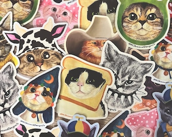 Cute and Funny Cat Sticker Pack/ Set of 4/ Meme Cats/ Wizard Cat, Bread Cat, Strawberry Cat/ Gift for Cat Lovers/