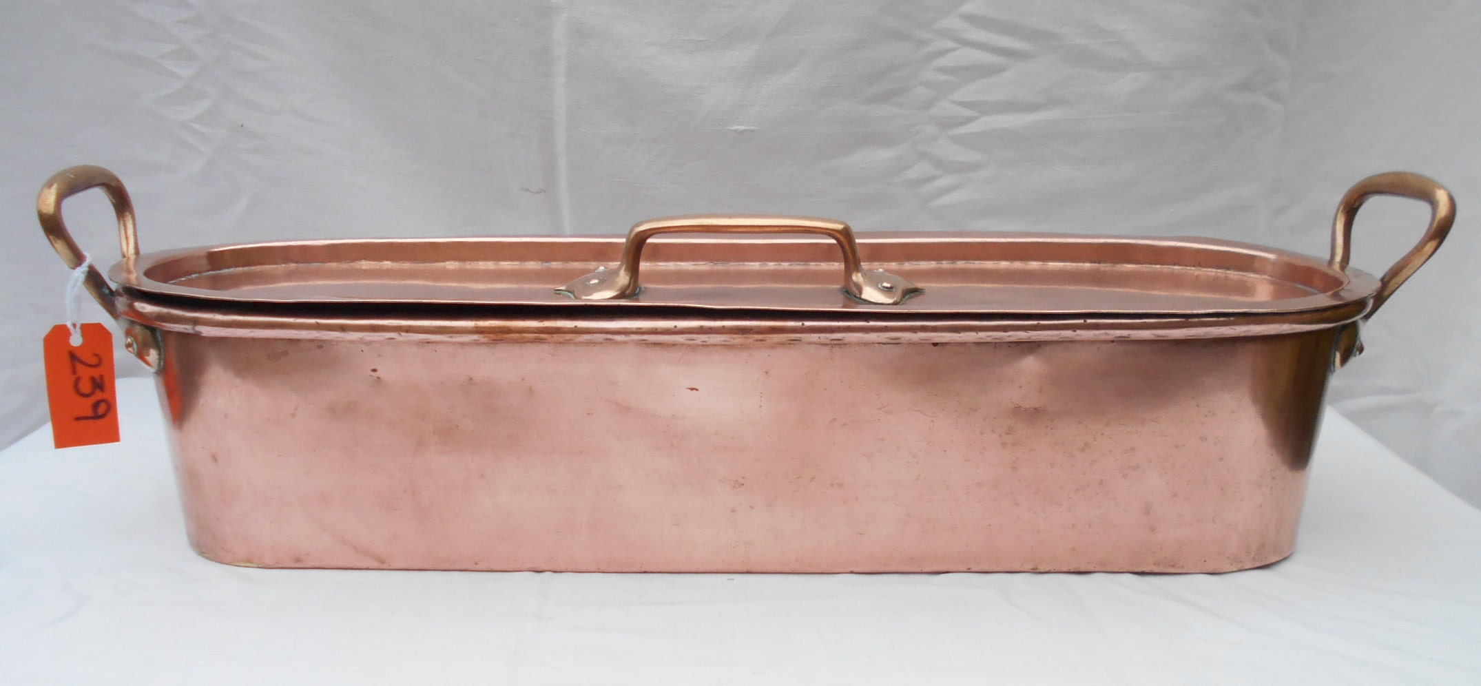 Antique Français Poissonnière en Cuivre/Poêle à Poisson avec Poignées Bronze