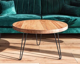 Runder Couchtisch in Eiche mit Hairpin Legs / Industrieller Couchtisch, Wohnzimmertisch, Massivholztisch, Couchtisch aus Holz, Couchtisch