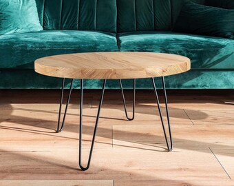 Runder Couchtisch aus Esche mit Hairpin legs / Industrieller Couchtisch, Wohnzimmertisch, Couchtisch aus Holz, Couchtisch