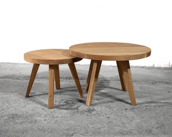 Eiche runder Couchtisch 2er Set / Holz-Beistelltisch Set, moderner Couchtisch mit Holzbeinen, Wohnzimmertisch, Couchtisch