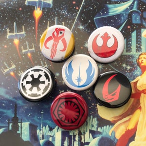 Star Wars Insignia logo Button Pins Set of 6 Badges 1.25” Size Jedi Mandalorian