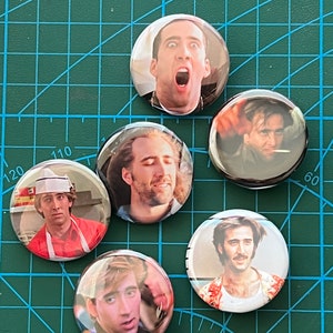 Nicolas Cage Button Pin Set of 6 Badges 1.25” Size Fan Art of Movie Actor