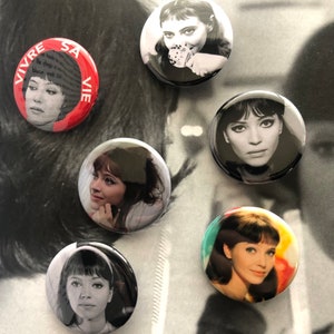 Anna Karina Button Pin Set of 6 Badges 1.25” Size Fan Art of Movie Actress