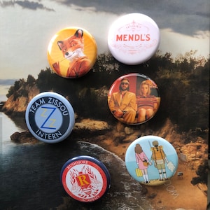 Wes Anderson Button Pin Set of 6 Badges 1.25” Size Fan Art of Movie Director