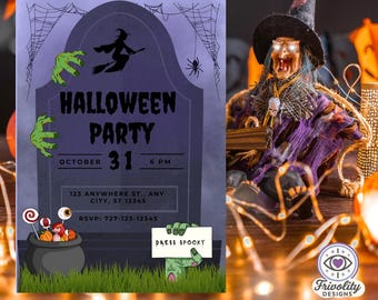 May include: A Halloween party invitation with a tombstone design, featuring green zombie hands, a witch on a broom, and a spider web. The invitation includes the text "Halloween Party" and the date "October 31". A witch figurine is also present.