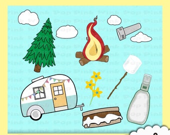 SVG PNG Vector Camping Clipart for tee shirts scrapbooking stickers websites planners scouts signs printables marshmallow fire s'mores