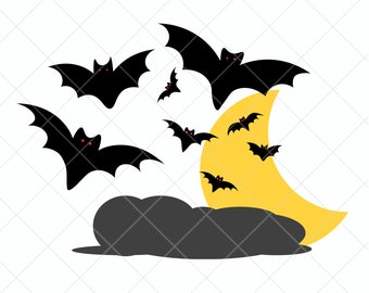 Halloween Clipart SVG PNG JPG Vector Bats moon with cloud red eyes tee shirts pins planners stickers printables signs websites party Invite