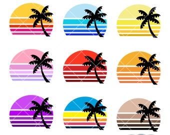SVG PNG JPG Vector 80’s Sunset Palm Tree cut file for tee shirts printables signs stickers decor planner party card clip art posters travel