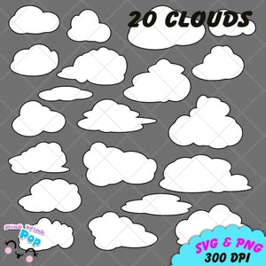 Puede incluir: Veinte ilustraciones de contorno de nubes en blanco y negro. El texto "20 CLOUDS" está en la parte superior de la imagen. El texto "SVG & PNG 300 DPI" está en la parte inferior de la imagen.