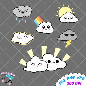 Kawaii nuages SVG PNG JPG météo vecteur pour couper les fichiers autocollants planificateurs tee-shirts printables signes sites web carte scolaire téléchargement instantané