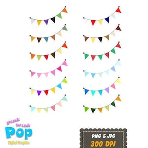 May include: Set of 12 digital clipart images of colorful bunting flags. Each image features a string of triangular flags in a different color combination. The flags are perfect for adding a festive touch to digital projects.