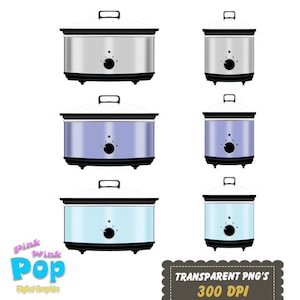 May include: Three slow cookers in different colors: silver, light blue, and lavender. Each slow cooker has a black handle and a black knob.