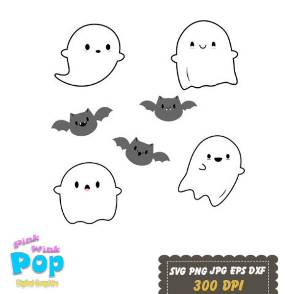 Kawaii Ghosts svg png eps jpg Commercial License bats Halloween clipart planners tee shirts printables signs stickers decor flyers websites