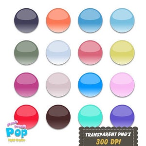 Puede incluir: Conjunto de 16 botones redondos, brillantes y coloridos. Los botones están en varios tonos de azul, verde, rojo, rosa, morado, amarillo, naranja y marrón. Los botones son PNG transparentes de 300 DPI.