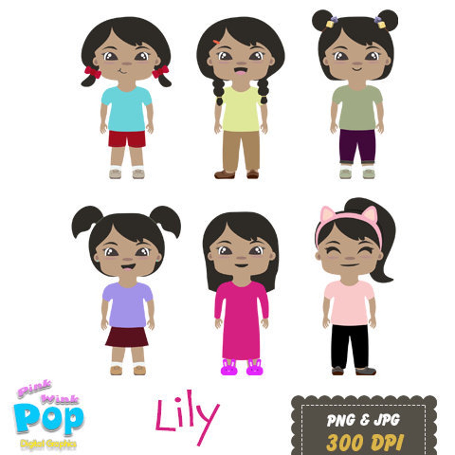 Lily Girl Clipart PNG JPG Cartoon Commercial License Planners Notebooks Tee Shirts Printables